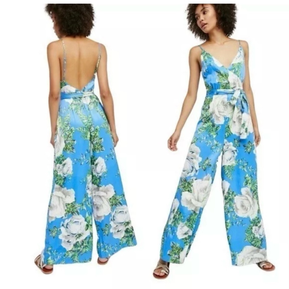 Free People Floral Cabbage Rose Wide Leg Jumpsuit in Blue